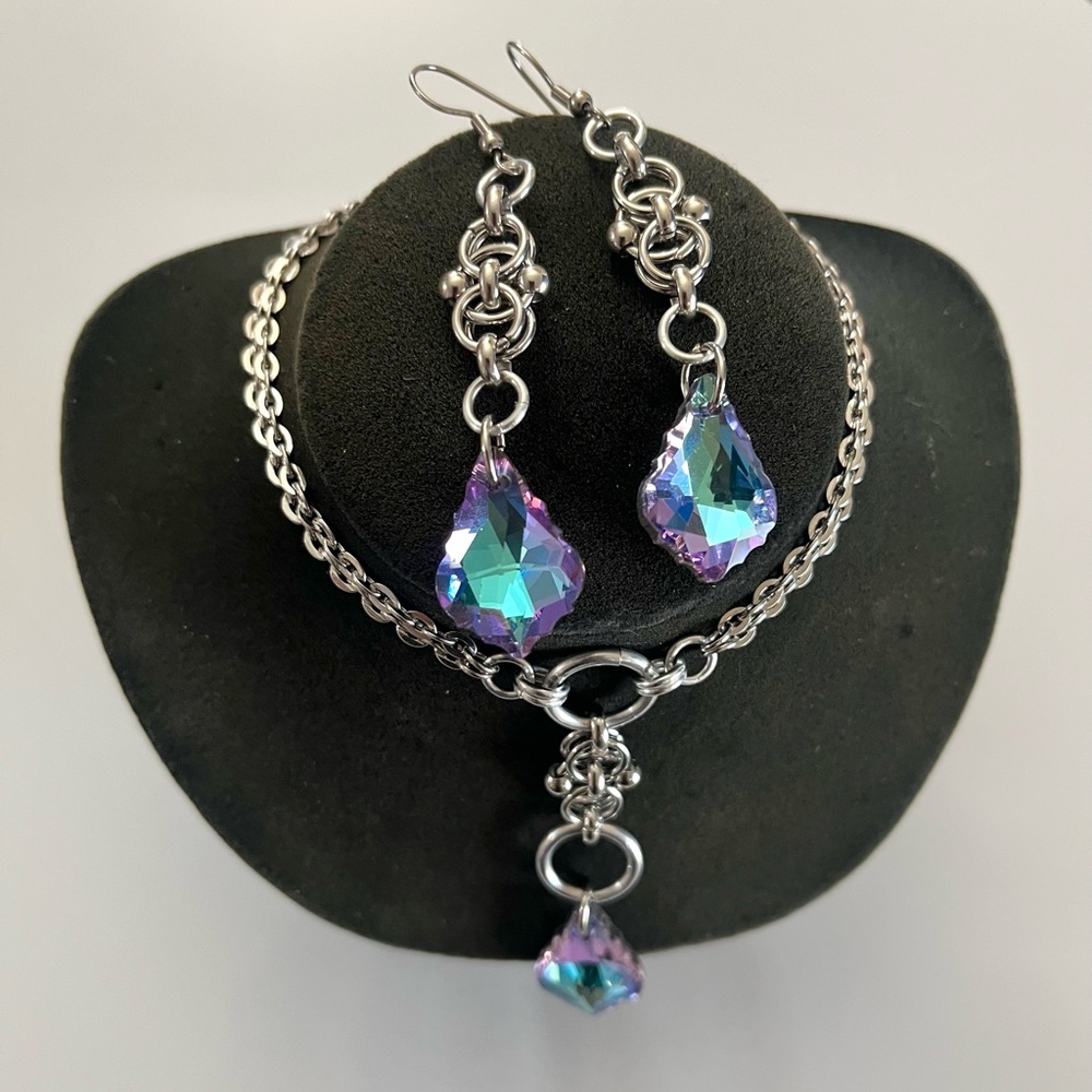 Handmade Blue purple iridescent rainbow austrian crystals maille celtic set - Picture 10 of 16
